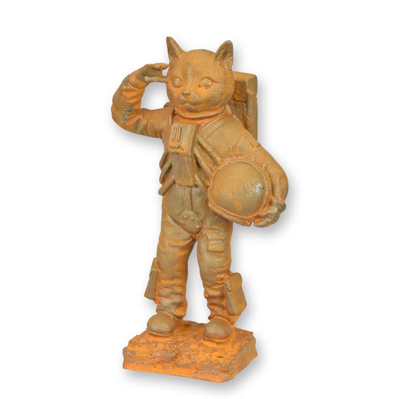 Gietijzeren beeld Astro-kat met helm, roestlook – 23 cm