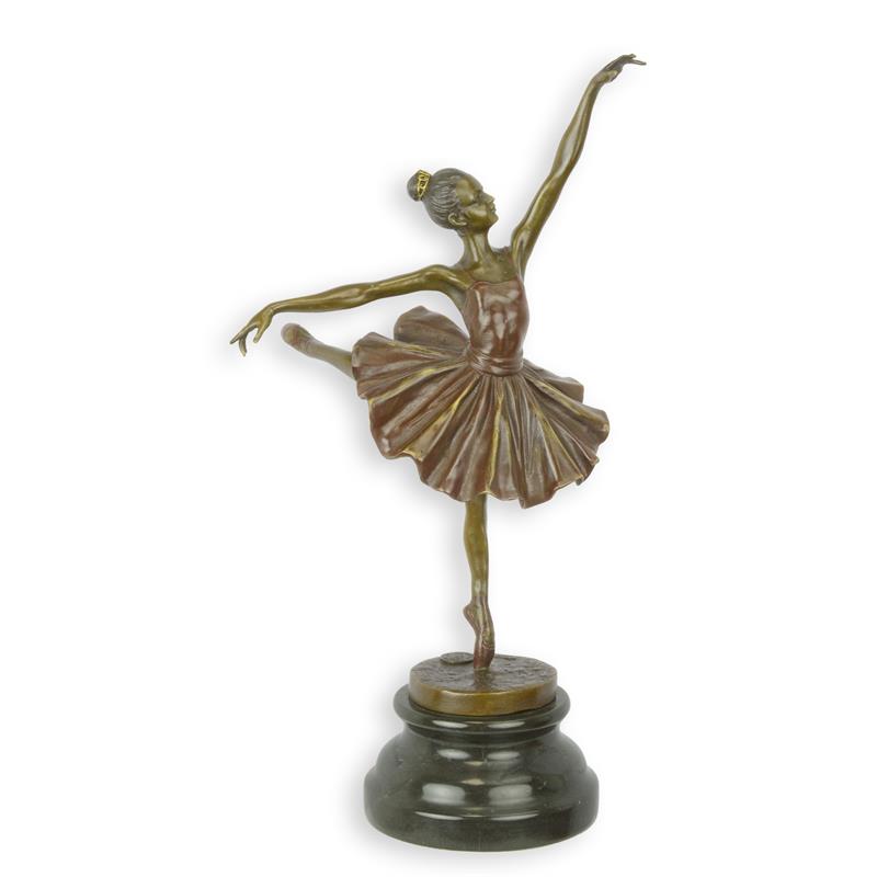 Bronzen beeld ballerina in arabesque, bruine patina, op marmeren sokkel – 32,1 cm – VntiQue
