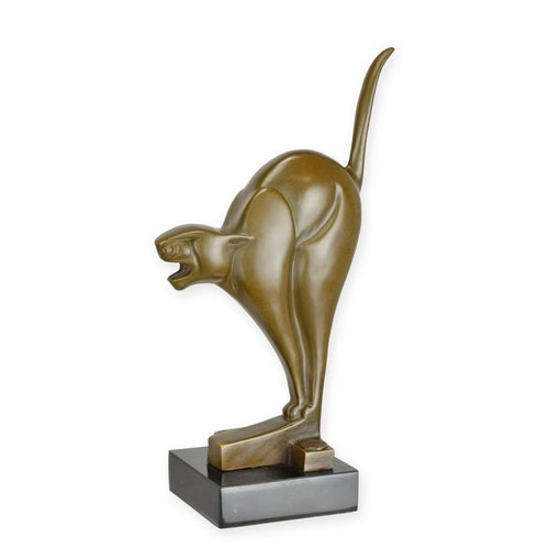 Bronzen sculptuur Art Deco bange kat met bruine patina op marmeren sokkel – 26 cm – VntiQue