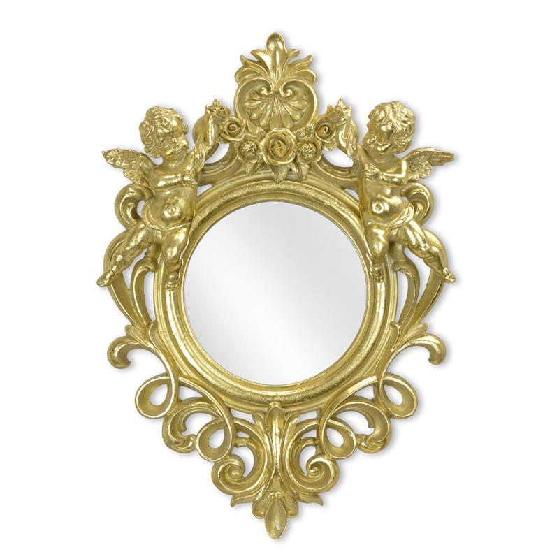 Goudkleurige resin barok wandspiegel met twee putti – 51 cm – VntiQue