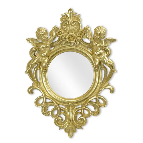 Goudkleurige resin barok wandspiegel met twee putti – 51 cm – VntiQue