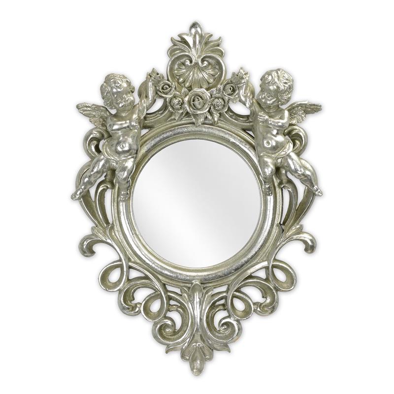 Zilverkleurige resin barok wandspiegel met twee putti – 51 cm – VntiQue