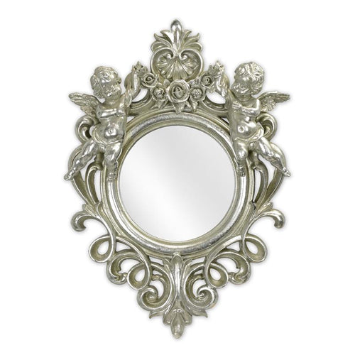 Zilverkleurige resin barok wandspiegel met twee putti – 51 cm – VntiQue
