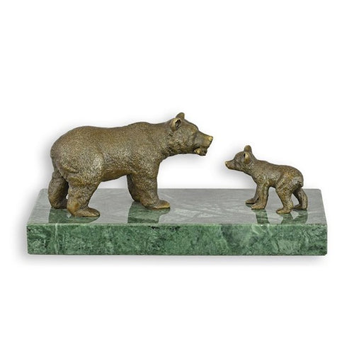 Bronzen beeld beer met jong op groene marmeren sokkel 18 cm – VntiQue