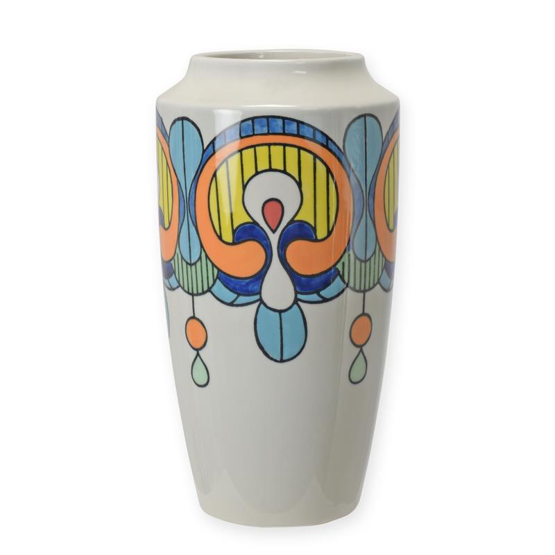 Porseleinen Art Deco bloemenvaas met kleurrijk geometrisch motief – 32,6 cm – VntiQue