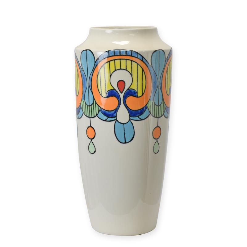 Porseleinen Art Deco bloemenvaas met kleurrijk geometrisch motief – 39,6 cm – VntiQue