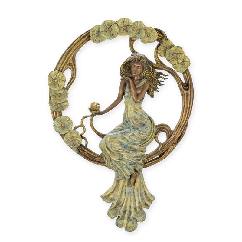 Bronzen Art Nouveau spiegellijst met nimf en bloemkrans, zonder spiegel – 88 cm – VntiQue