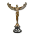 Bronzen sculptuur van Icarus met uitgespreide vleugels op ronde marmeren sokkel, 40,4 cm hoog