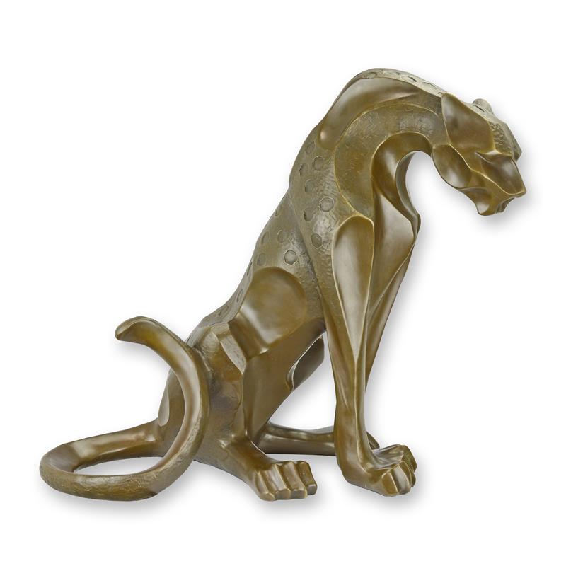 Modernistische bronzen sculptuur van een zittende jaguar met warme patina