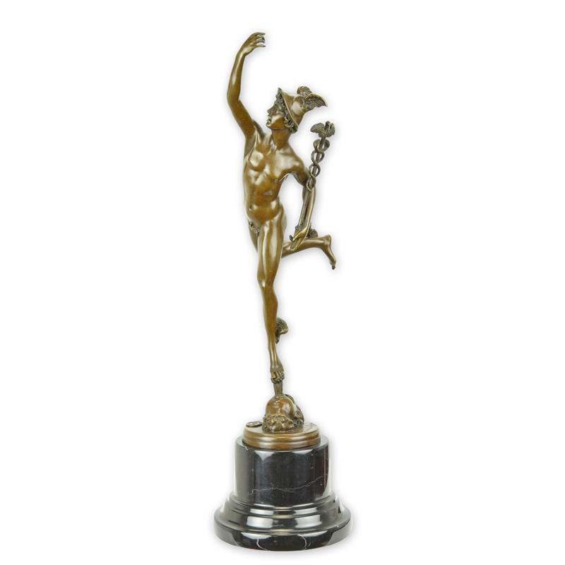Bronzen Mercurius (Hermes) sculptuur met caduceus op marmeren sokkel – 43 cm – VntiQue