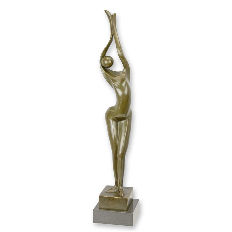 Slanke modernistische bronzen vrouwenfiguur met omhoog reikende armen op sokkel – 87,3 cm – VntiQue
