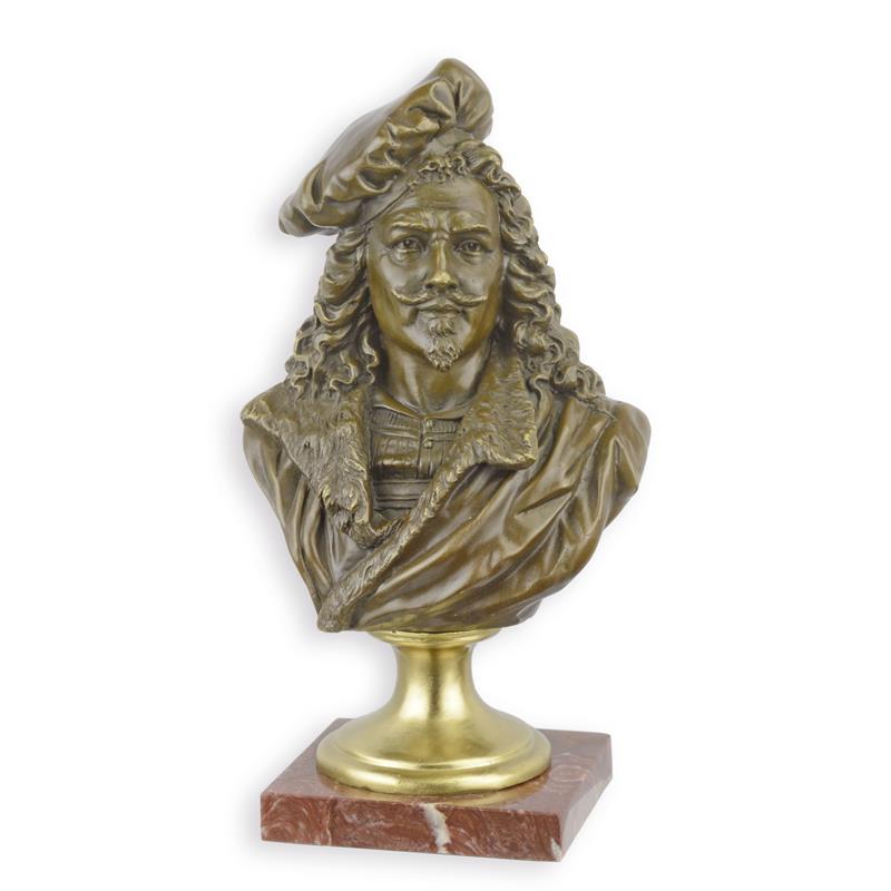 Bronzen buste van Rembrandt op marmeren sokkel, 28 cm hoog