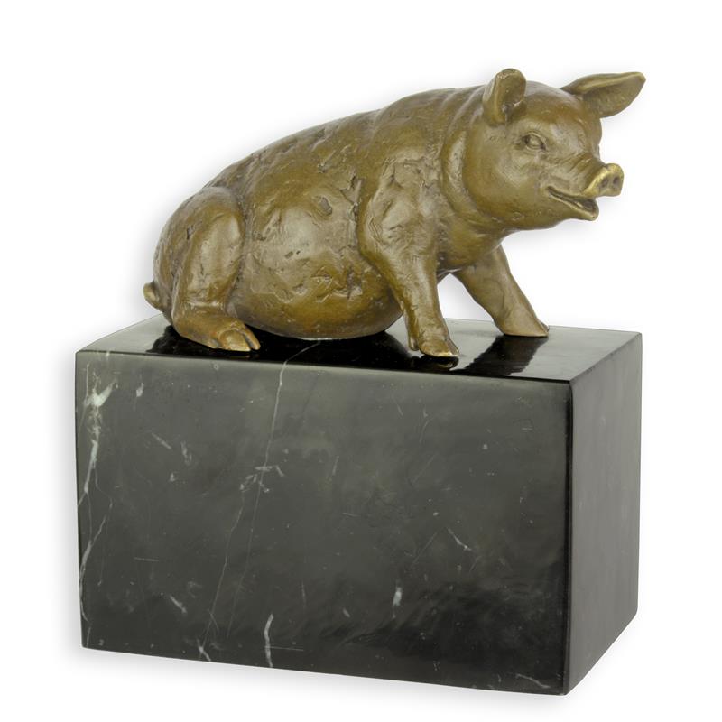 Bronzen sculptuur van zittend varken op marmeren sokkel – 15,6 cm – VntiQue