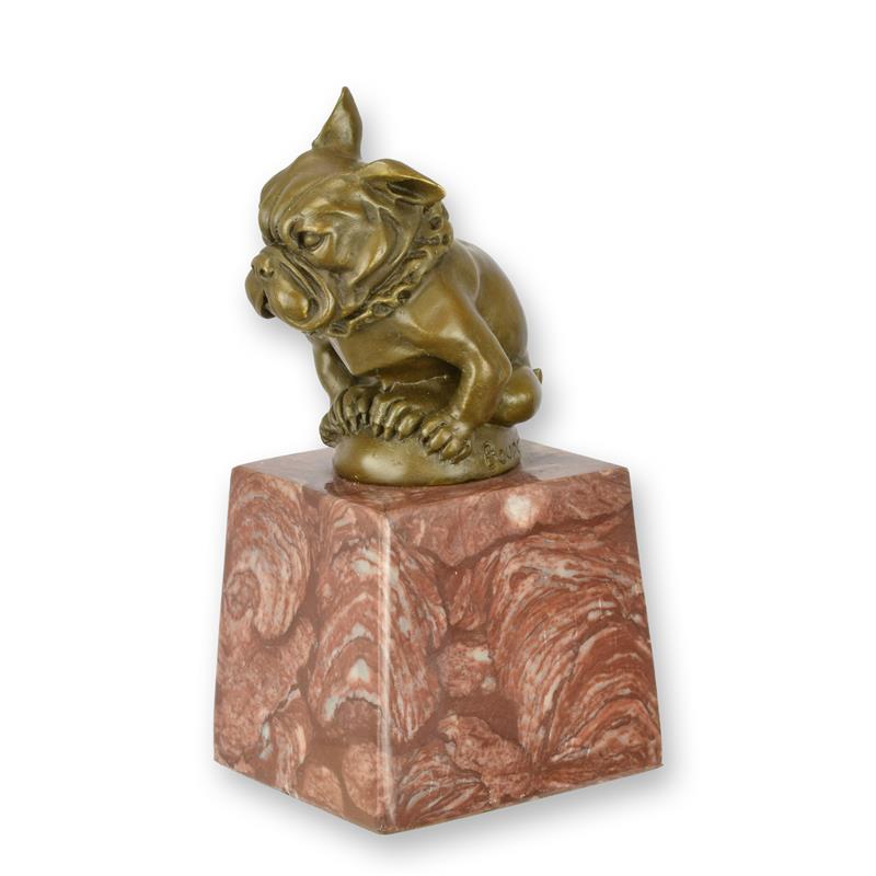 Bronzen bulldog in art-deco stijl op rood-marmeren sokkel, bruine patina – 16,1 cm – VntiQue
