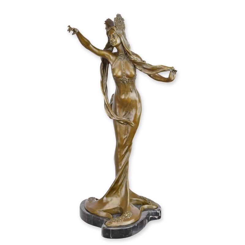 Bronzen art-nouveau dame op marmeren sokkel, bruine patina – 59 cm – VntiQue
