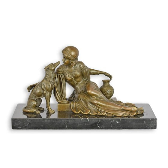 Bronzen beeld dame met Borzoi op marmeren sokkel 27,1 cm – VntiQue