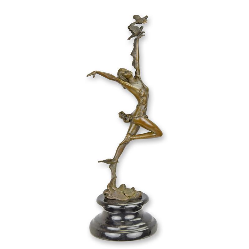 Bronzen sculptuur danseres met vogels met bruine patina op marmeren sokkel – 30 cm – VntiQue
