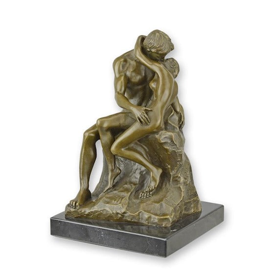 Bronzen sculptuur De Kus met bruine patina op marmeren sokkel – 21 cm – VntiQue