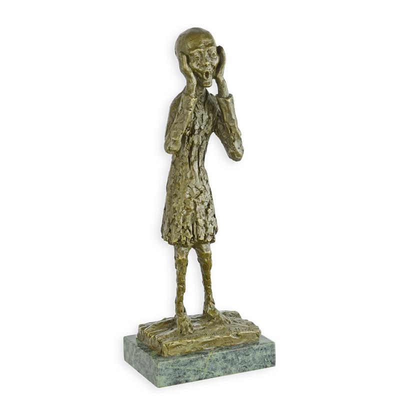 Bronzen sculptuur ‘De Schreeuw’ met warme patina op groenmarmeren sokkel – 38,2 cm – VntiQue