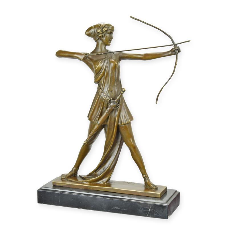 Bronzen beeld Diana de Jachtgodin met boog op marmeren sokkel, bruin patina – 32,8 cm – VntiQue