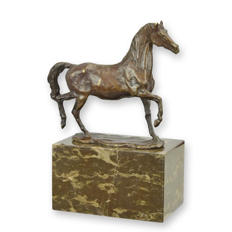 Bronzen beeld dravend paard, bruine patina, op marmeren sokkel – 20 cm – VntiQue