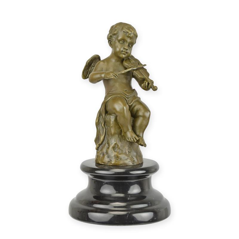 Bronzen engel/putto die viool speelt, warme patina, op glanzende marmeren sokkel – 18,8 cm – VntiQue