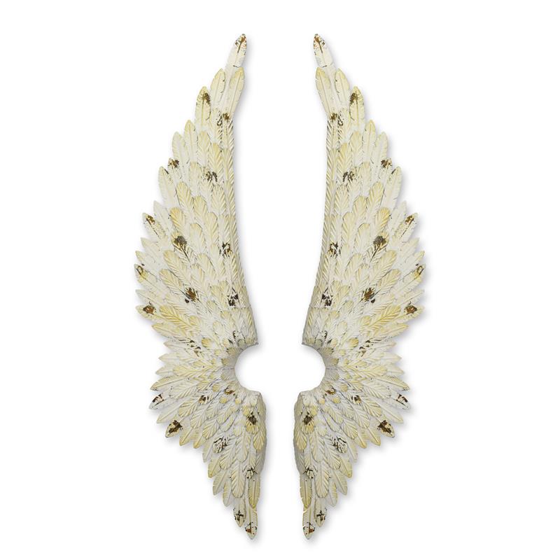 Set antiek witte engelenvleugels voor wandmontage, rijk gevederde textuur, hoogte 106,5 cm.