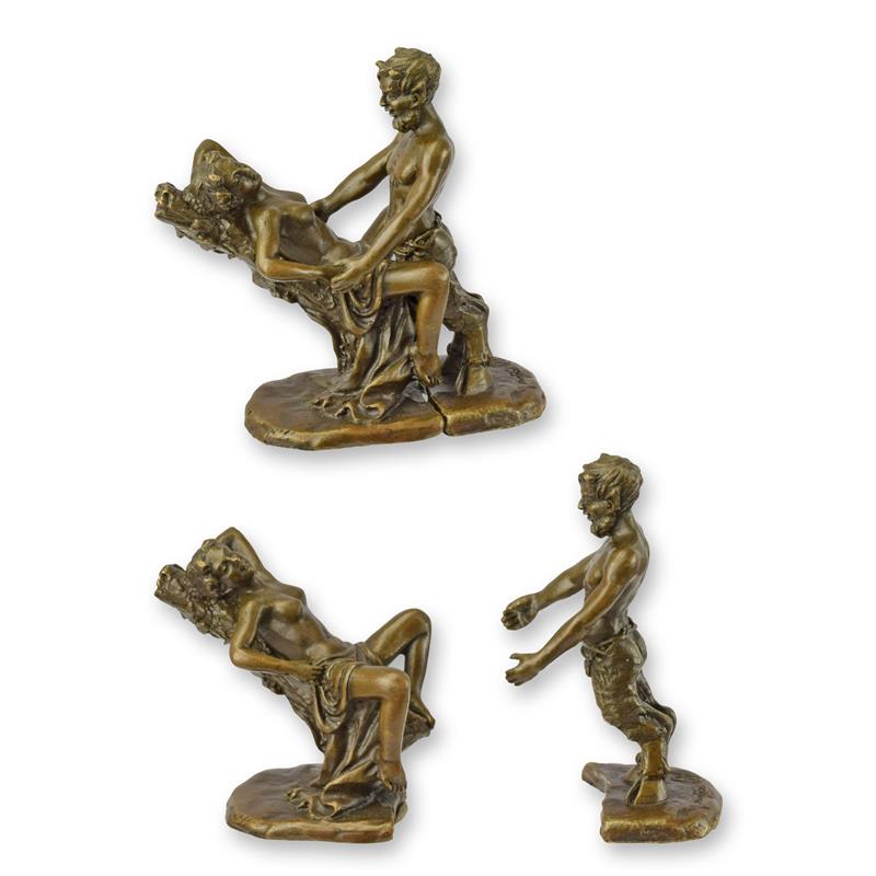 Erotische bronzen set: satyr met vrouw, set van 2 – 9 cm