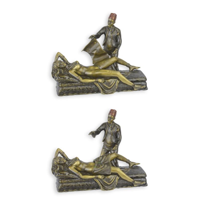 Erotische bronzen sculptuur van liggende vrouw, 20 cm – warme patina