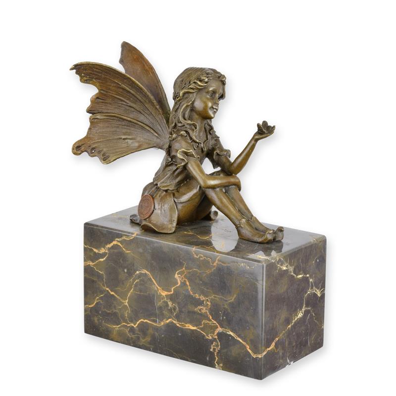 Bronzen sculptuur fee met vlinder en bruine patina op marmeren sokkel – 17 cm – VntiQue