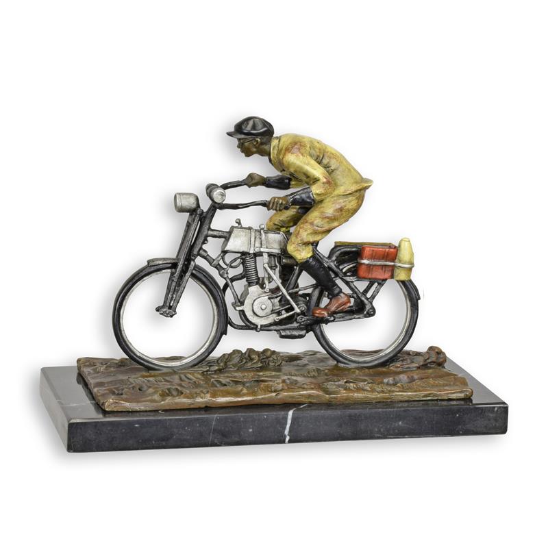 Bronzen sculptuur van fietser op marmeren sokkel, bruin patina – 16,8 cm – VntiQue