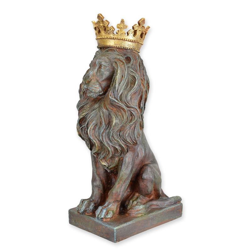 Resin beeld van gekroonde leeuw op sokkel, bronslook met gouden kroon – 56,5 cm