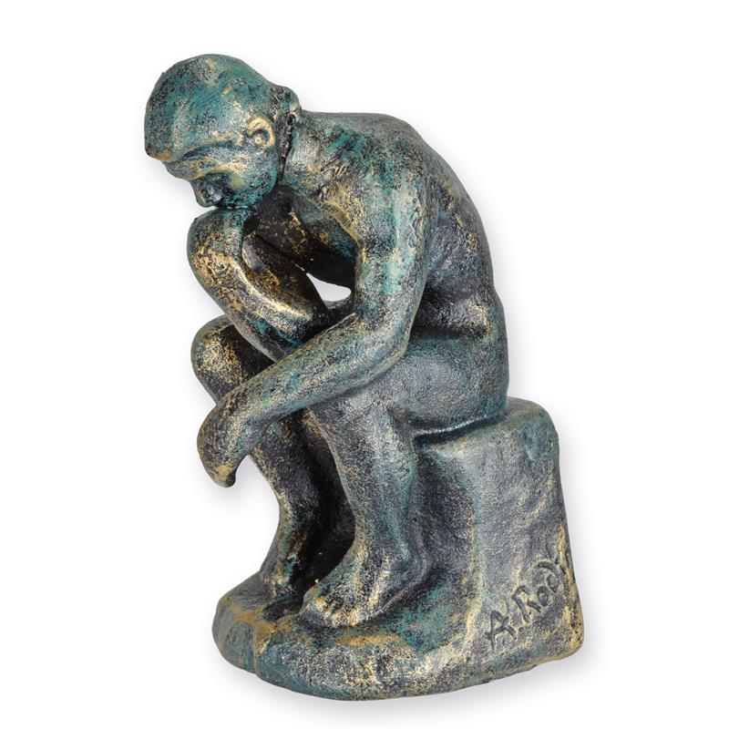 Gietijzeren sculptuur ‘De Denker’ met antiekgroene patina, 15,8 cm hoog.