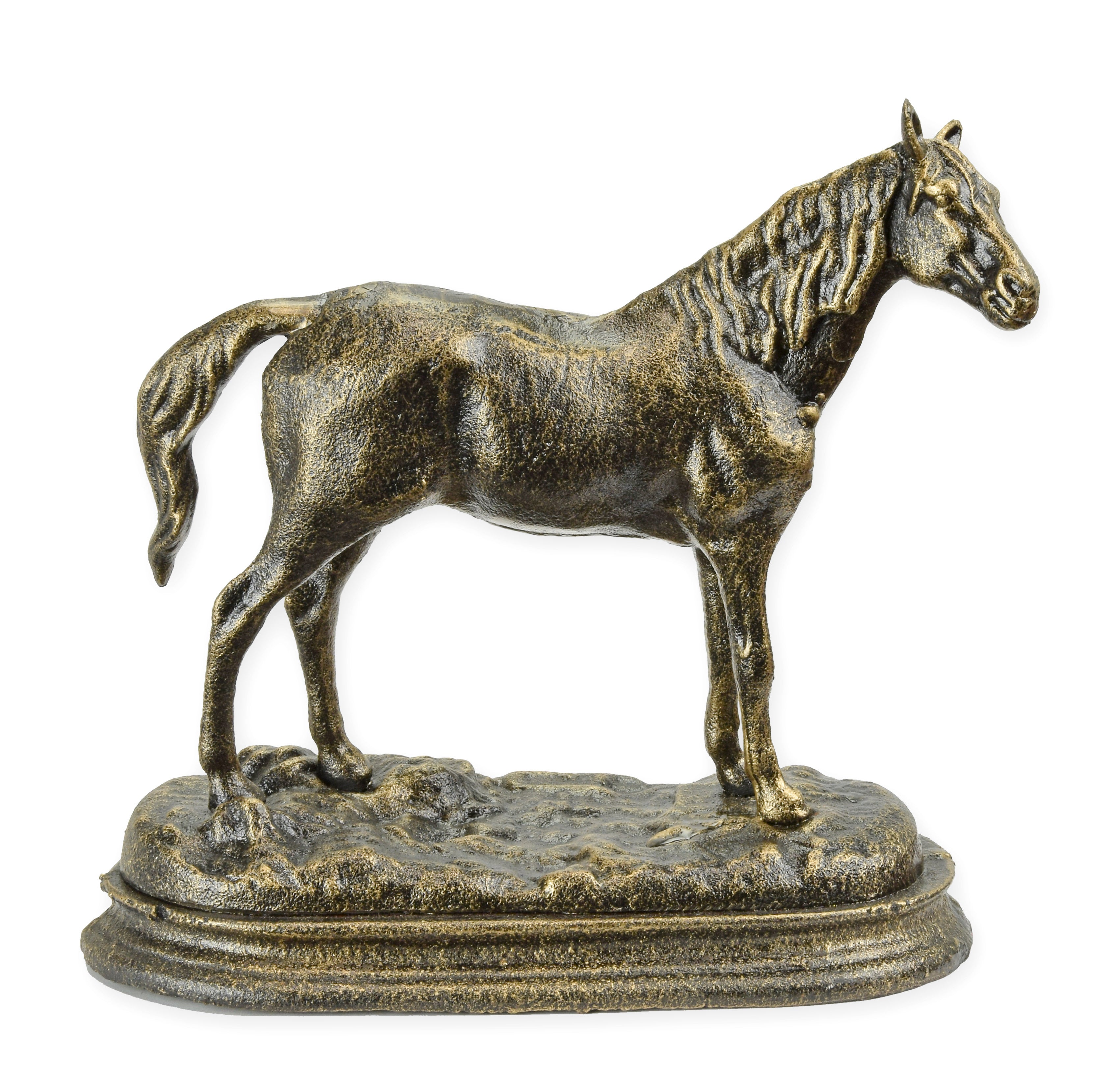 Gietijzeren paardenbeeld op sokkel met antiek-bronzen afwerking – zijaanzicht.