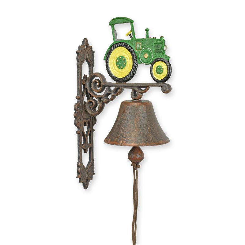 Set van twee gietijzeren deurbellen met groene/gele tractor op wandbeugel – 37 cm – VntiQue