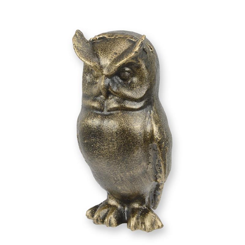 Gietijzeren uil met gestileerde veren, vrijstaand decorbeeld, 16,6 cm hoog