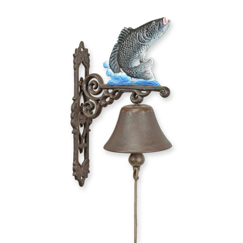 Set van twee gietijzeren wandbellen met visdecor en krulsteun, koordtrekker, diepte 36,5 cm