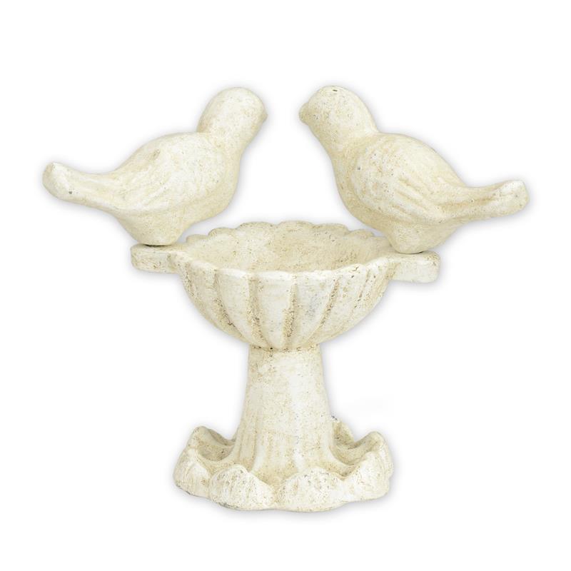 Gietijzeren voeder- of drinkschaal op voet met twee vogels op de rand, lichte steen-look, 18,5 × 8,4 × 14,5 cm