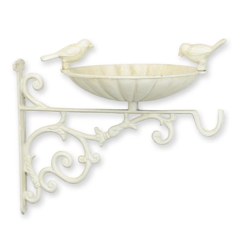 Gietijzeren wand-vogelbad met schelpschaal, twee vogels en haak, wit patina, 35,2 × 22 × 31,5 cm
