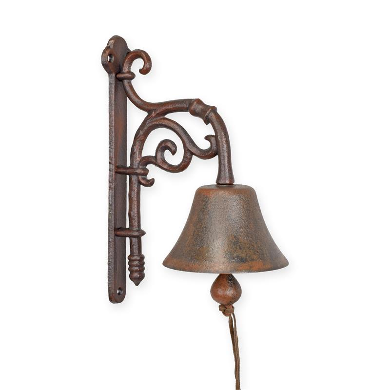Set van twee gietijzeren ornamentale wandbellen met krulsteun en koordtrekker, diepte 31 cm