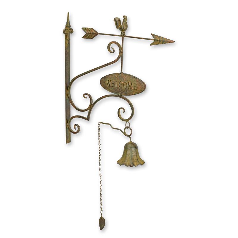 Gietijzeren wandmodel welkomstbord met pijl, haan en bel aan ketting, 44 × 10,4 × 53 cm