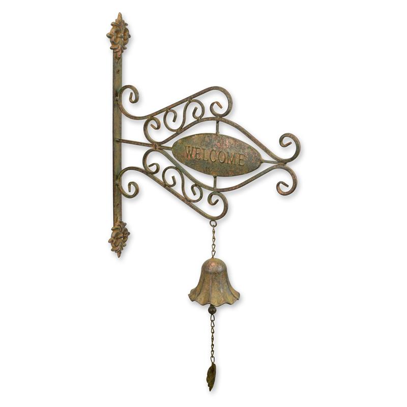 Set van twee gietijzeren welkomstborden met ovale “WELCOME”-plaat en bel aan ketting, wandmodel, 55 cm hoog
