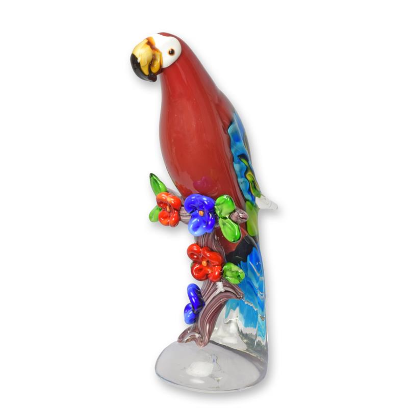 Glazen papegaai in Murano-stijl op transparante stam met kleurrijke bloemen, 35,7 cm hoog