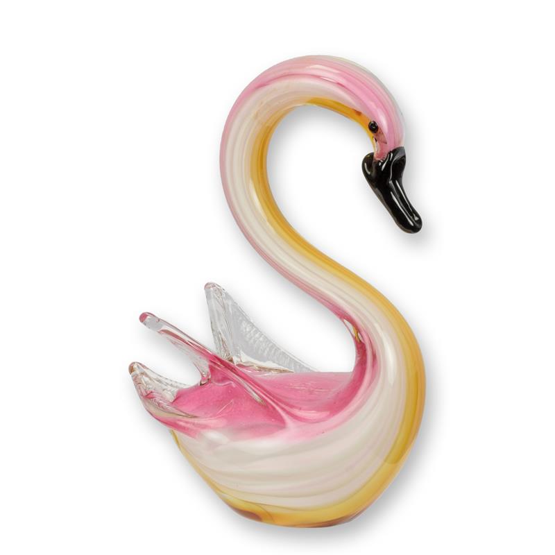 Glazen zwaan figurine in Murano-stijl met roze en amber kleursluiers – 18,8 cm – VntiQue
