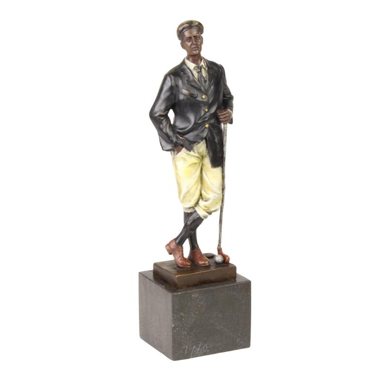 Bronzen beeld van een golfer met club, meerkleurige patina, op marmeren sokkel – 32 cm – VntiQue