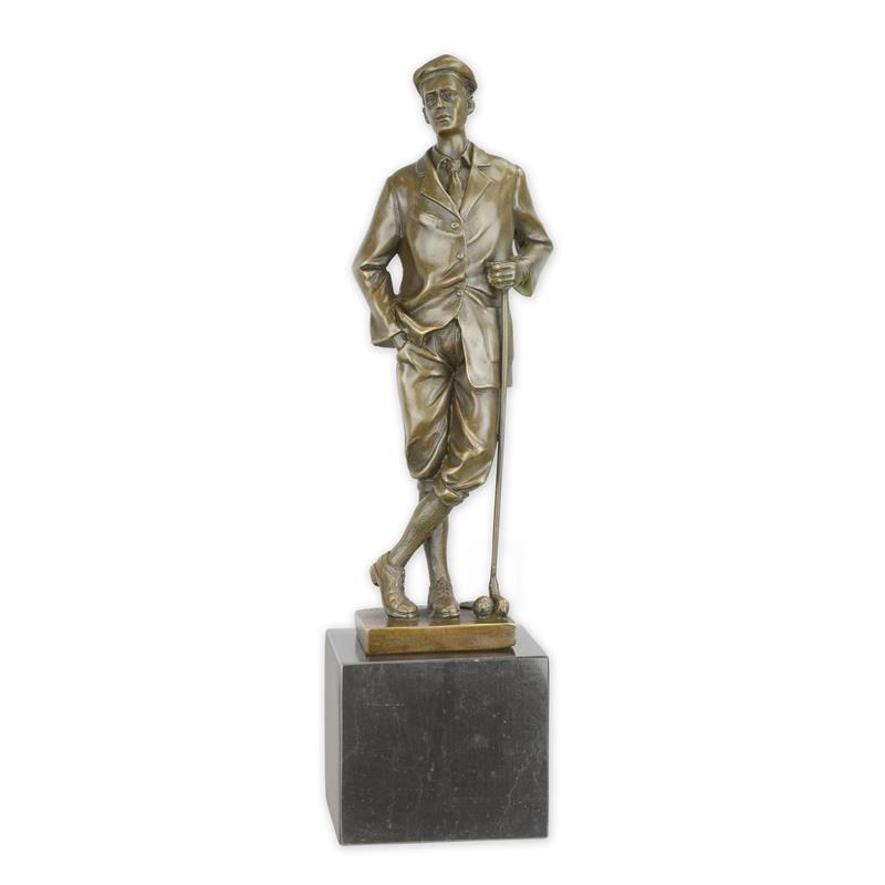 Bronzen sculptuur golfer met bruine patina op marmeren sokkel – 32 cm – VntiQue