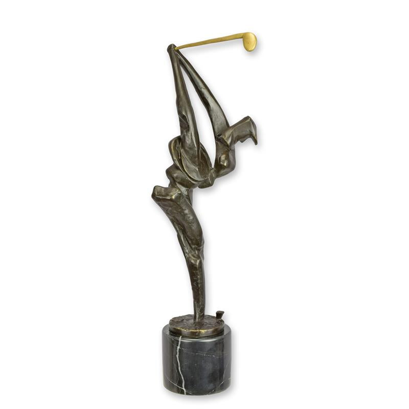 Bronzen modernistische golfer in swing op marmeren sokkel, goudkleurig clubhoofd – 42,5 cm – VntiQue