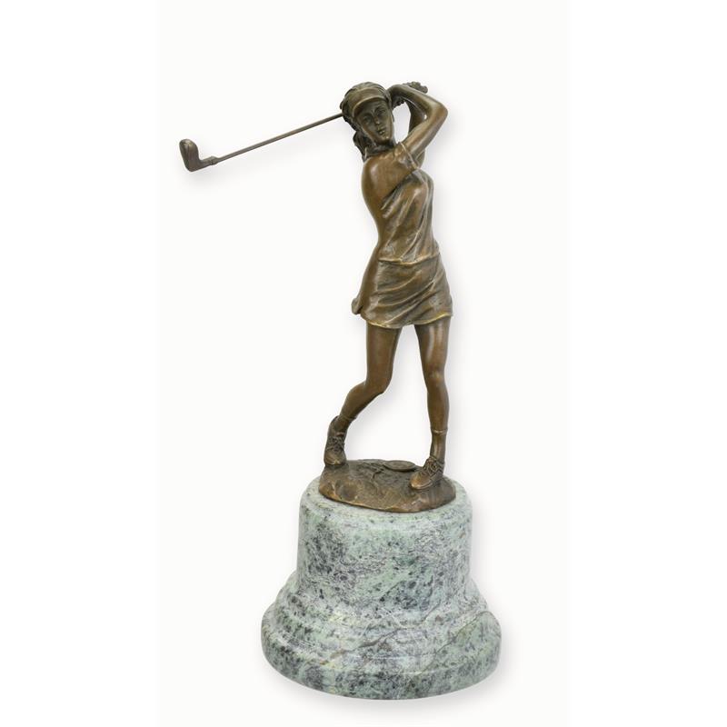 Bronzen sculptuur golfster met bruine patina op marmeren sokkel – 27 cm – VntiQue