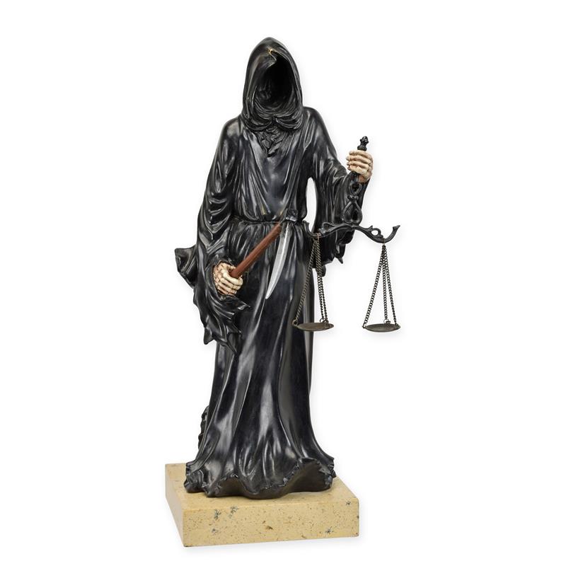 Bronzen beeld Grim Reaper met weegschaal, donker patina op natuurstenen sokkel – 40 cm – VntiQue