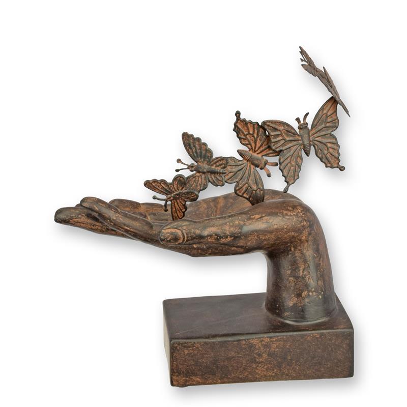 Resin sculptuur van hand met opvliegende vlinders, bronslook – 24 cm
